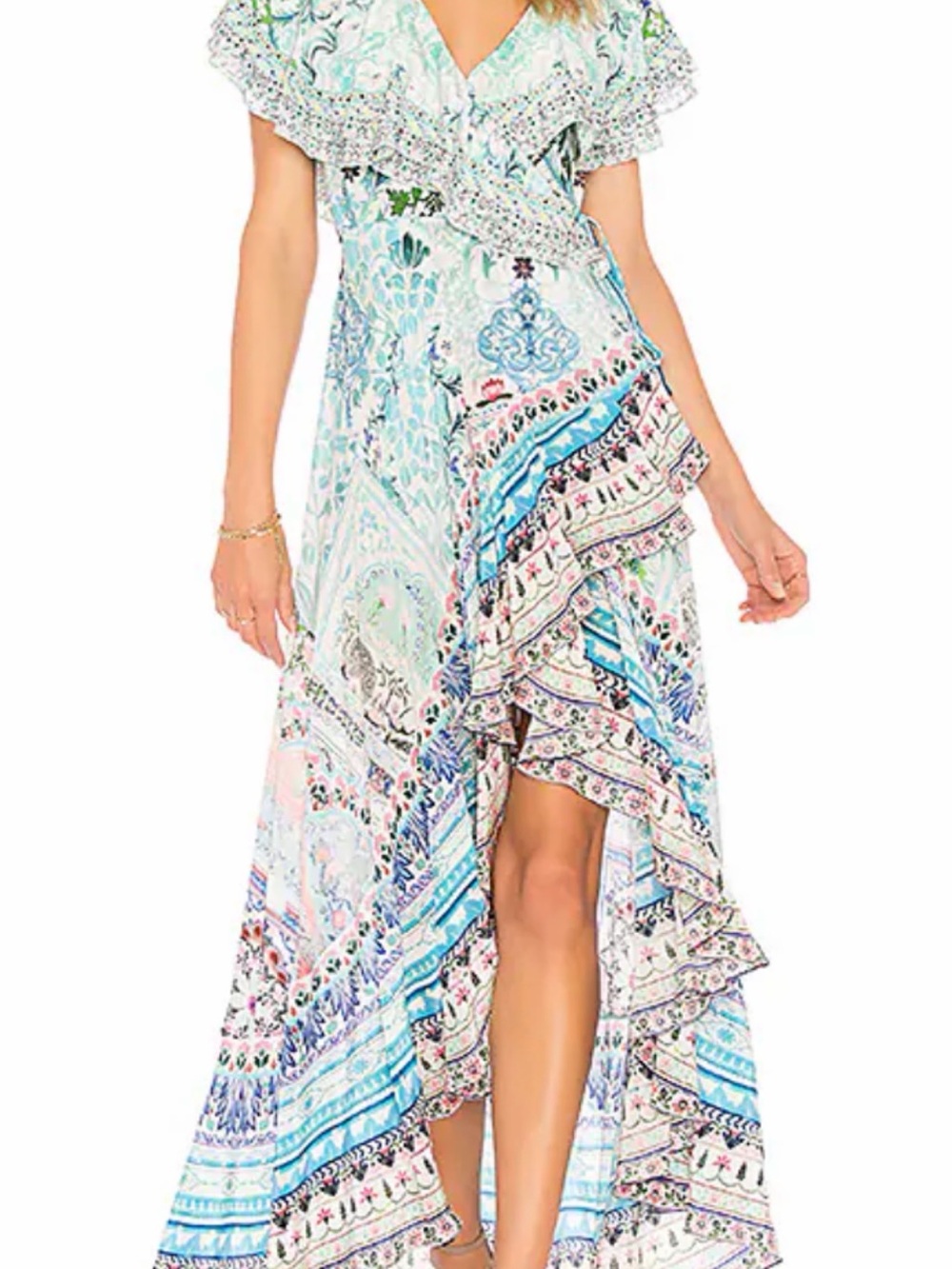 Camilla Aqua & White High-Low Ruffle Wrap Dress